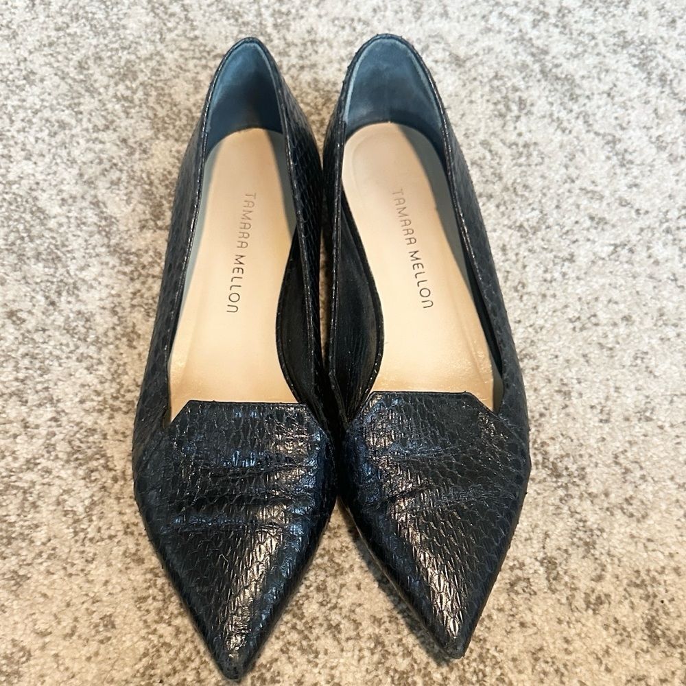 Tamara Mellon Black Snakeskin Pointed Toe Loafers 40/9